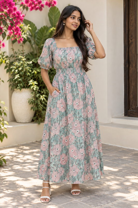 Candy Floss Hand Block Printed Maxi Dress with Puff Sleeves
