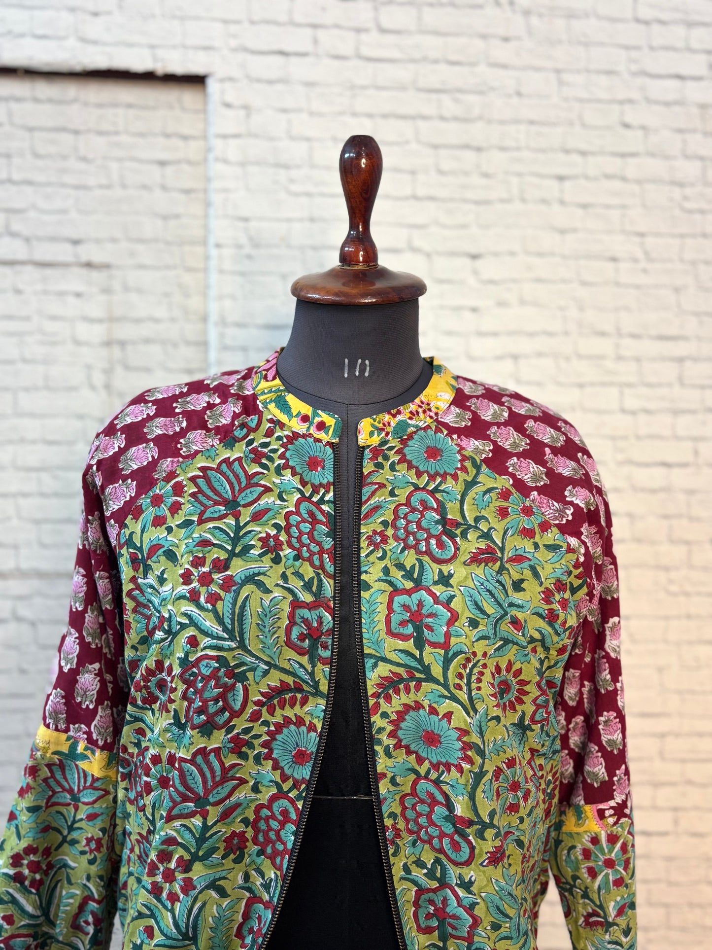 Red Green Hand Block Printed Unisex Bomber Jacket