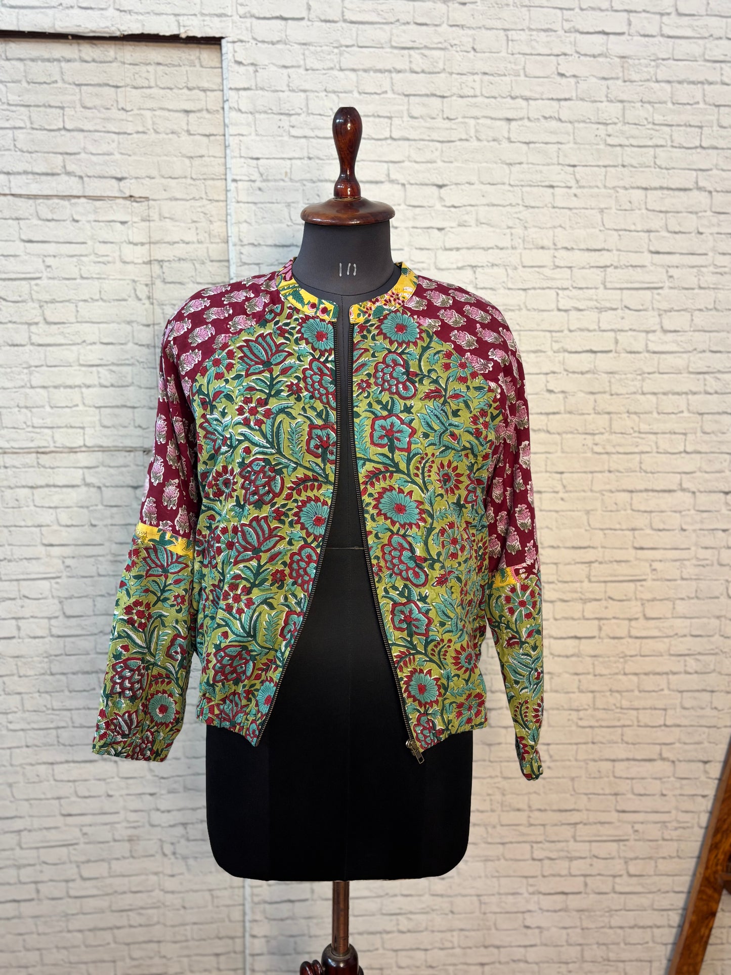 Red Green Hand Block Printed Unisex Bomber Jacket
