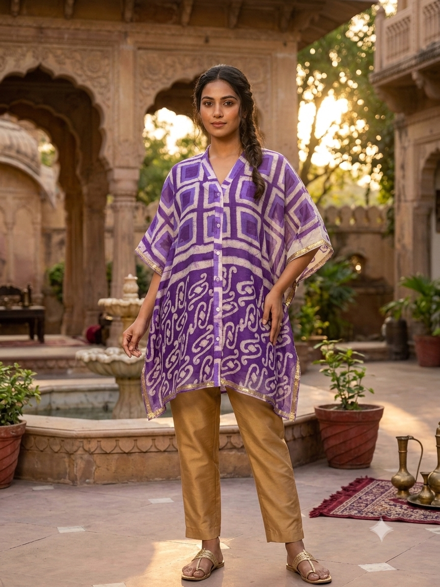 Purple Boxes Dabu Chanderi Shirt Kaftan with Sequin Detailing