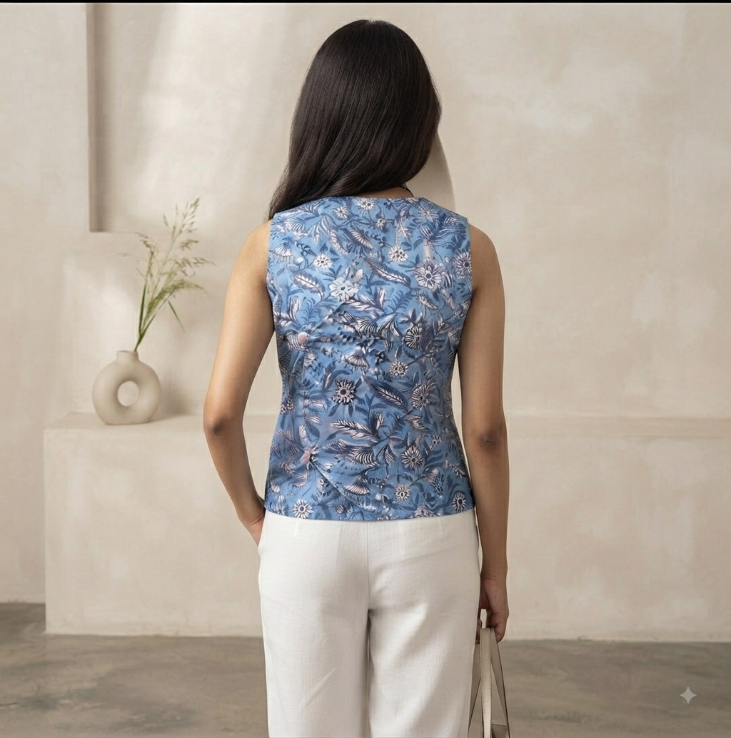 Blue Pink Hand Block Printed Reversible Waistcoat