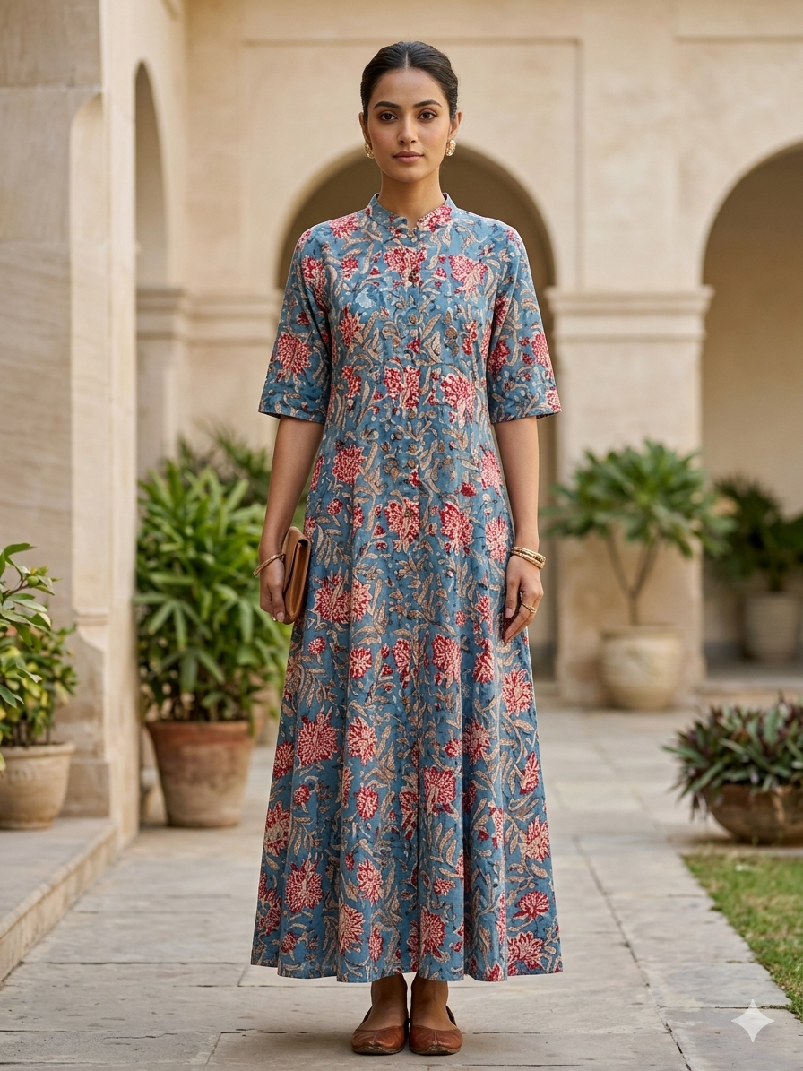 Wildflower Hand Block printed A Line Maxi Shirt Dress