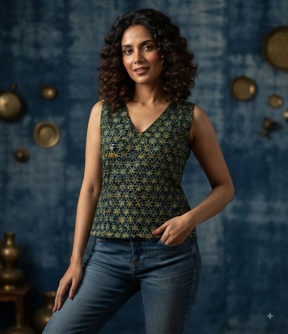 Indigo Yellow Ajrakh Hand Block Printed Reversible Waistcoat