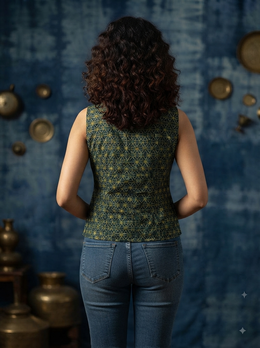 Indigo Yellow Ajrakh Hand Block Printed Reversible Waistcoat