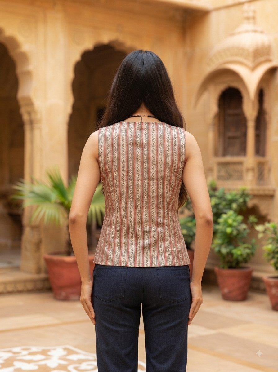 Red Black Hand Block Printed Reversible Waistcoat