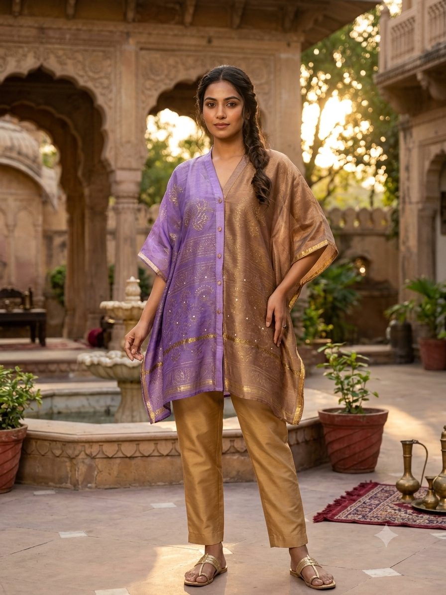 Purple Brown Hand Block Print Chanderi Shirt Kaftan with Sequin Detailing