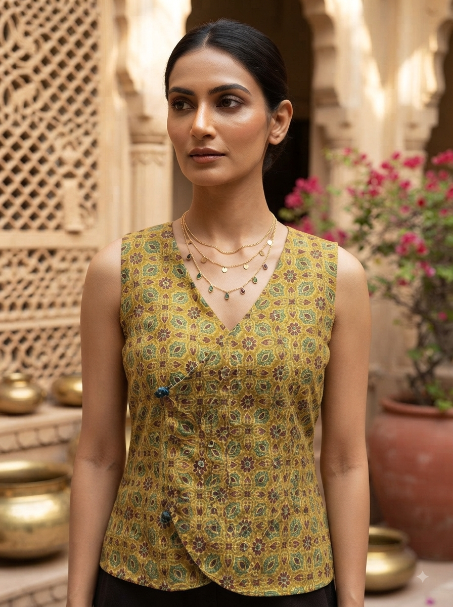 Indigo Yellow Ajrakh Hand Block Printed Reversible Waistcoat
