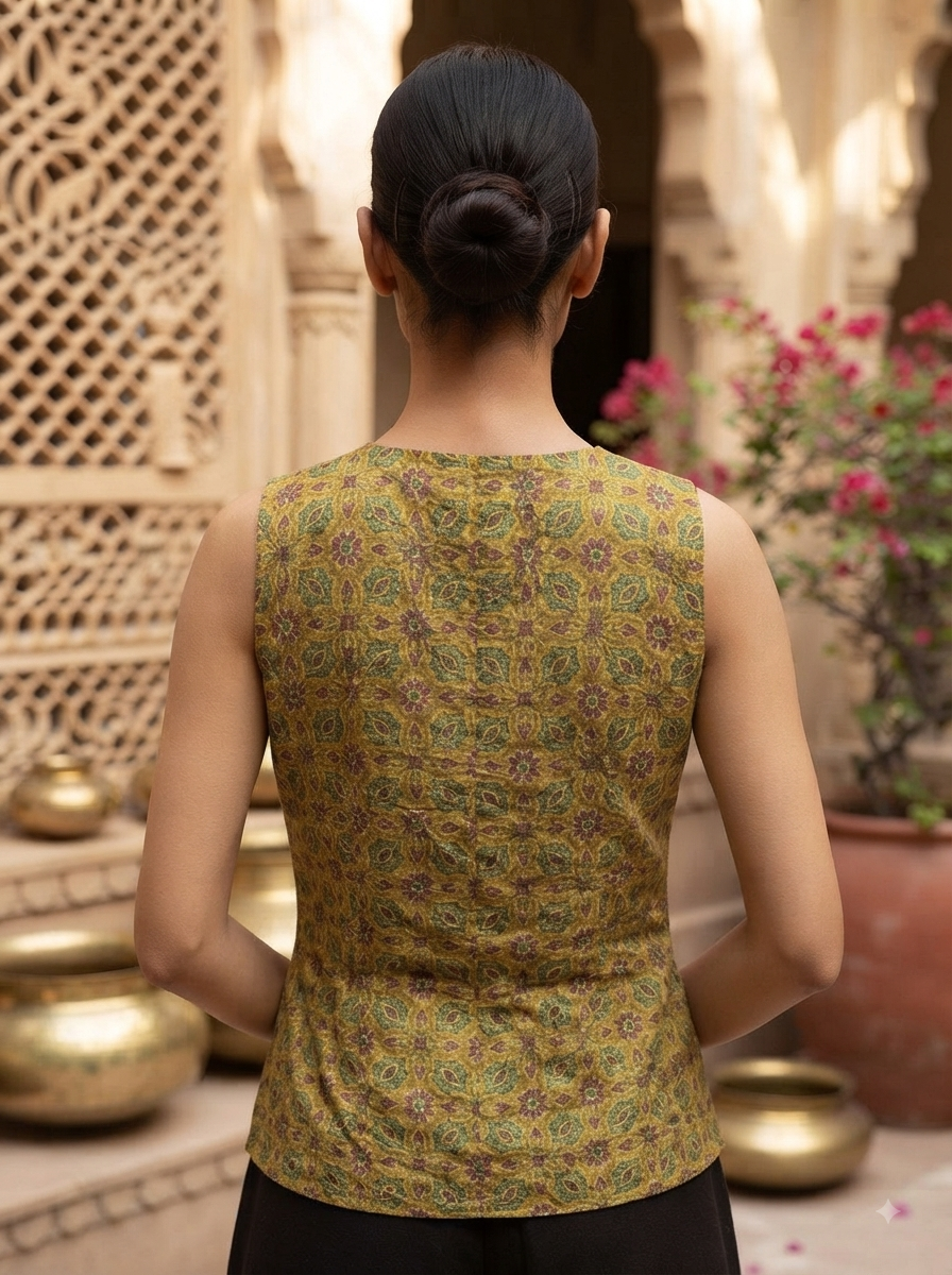 Indigo Yellow Ajrakh Hand Block Printed Reversible Waistcoat