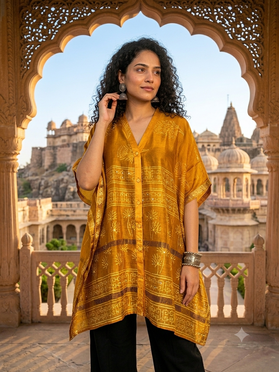 Yellow Hand Block Print Chanderi Shirt Kaftan with Sequin Detailing