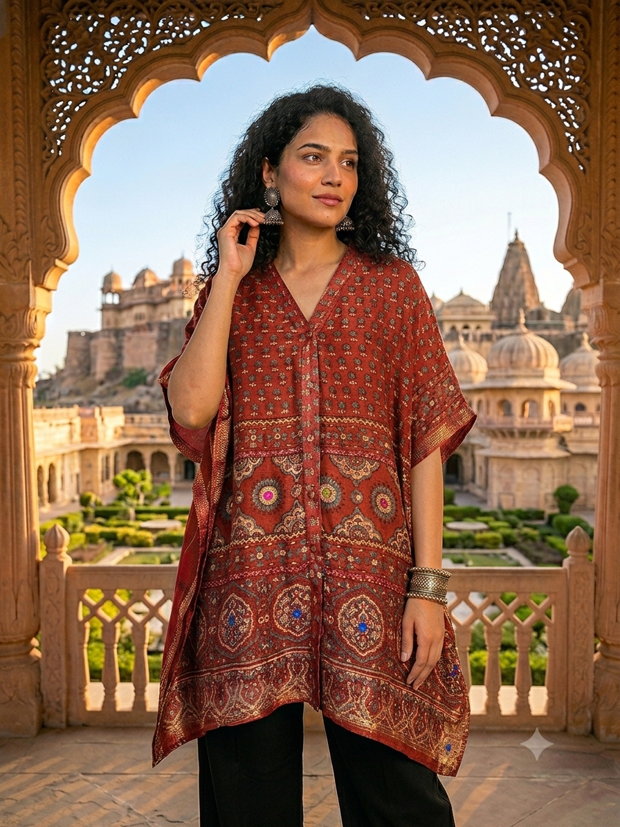 Red Ajrakh Chanderi Shirt Kaftan with Hand Embroidery