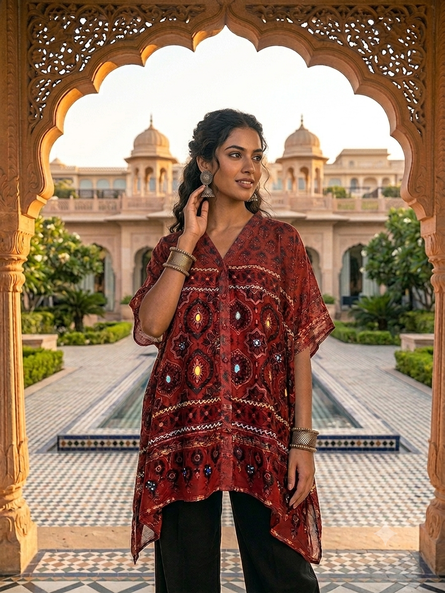 Red Ajrakh Chanderi Shirt Kaftan with Hand Embroidery