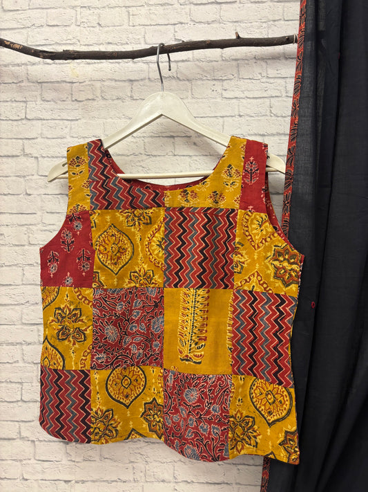 Ajrakh Yellow Red Patch Work Sleeveless Crop Top