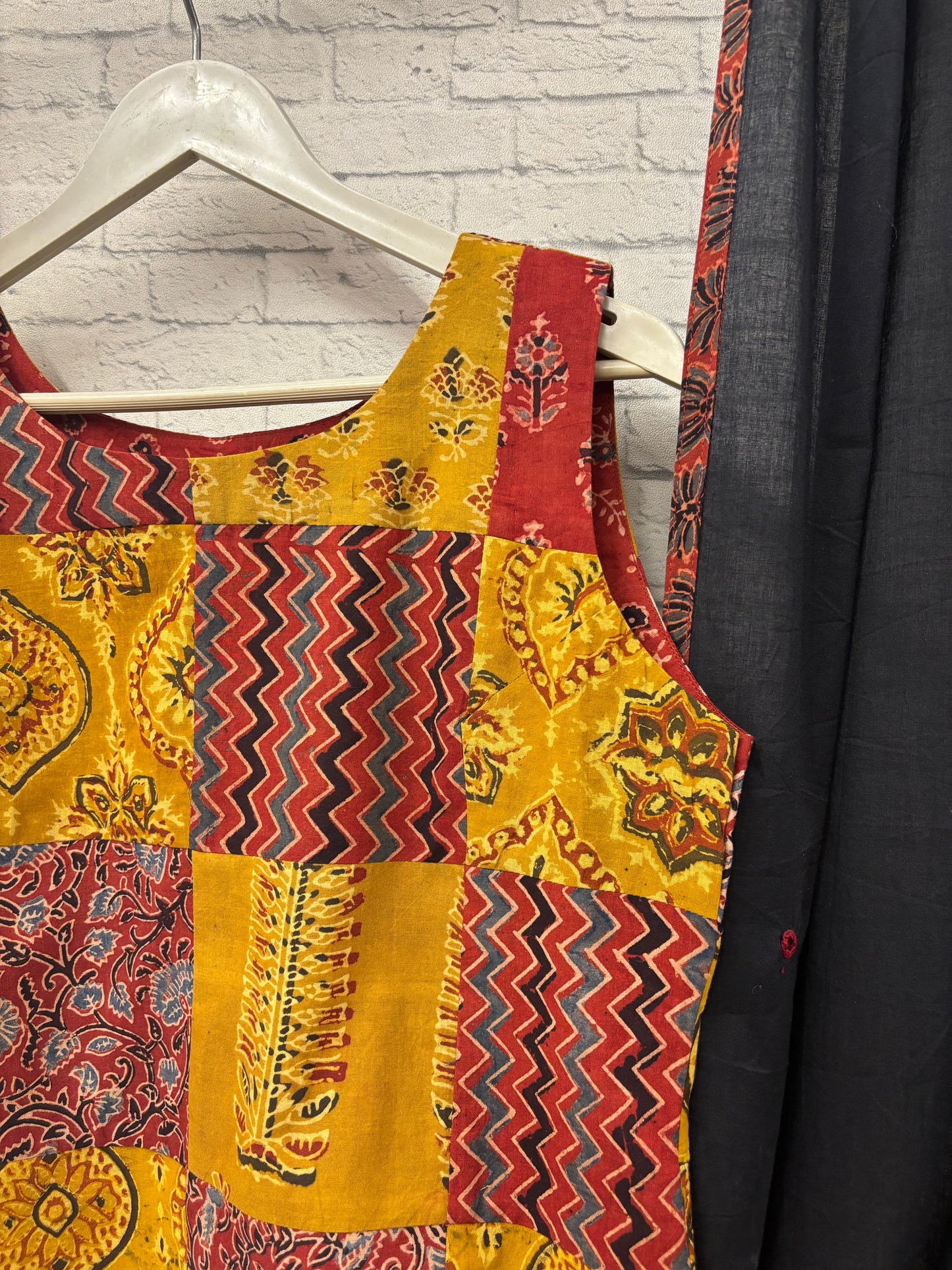 Ajrakh Yellow Red Patch Work Sleeveless Crop Top