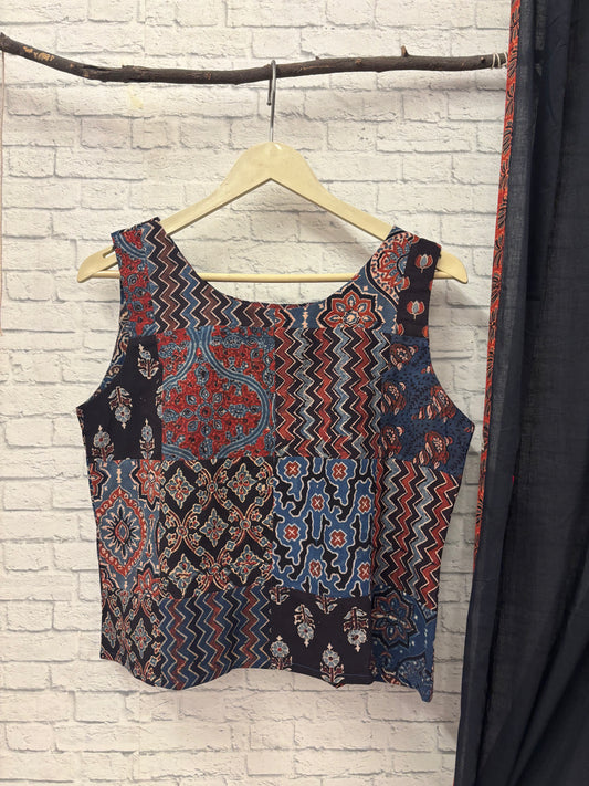 Ajrakh Indigo Black Patch Work Sleeveless Crop Top