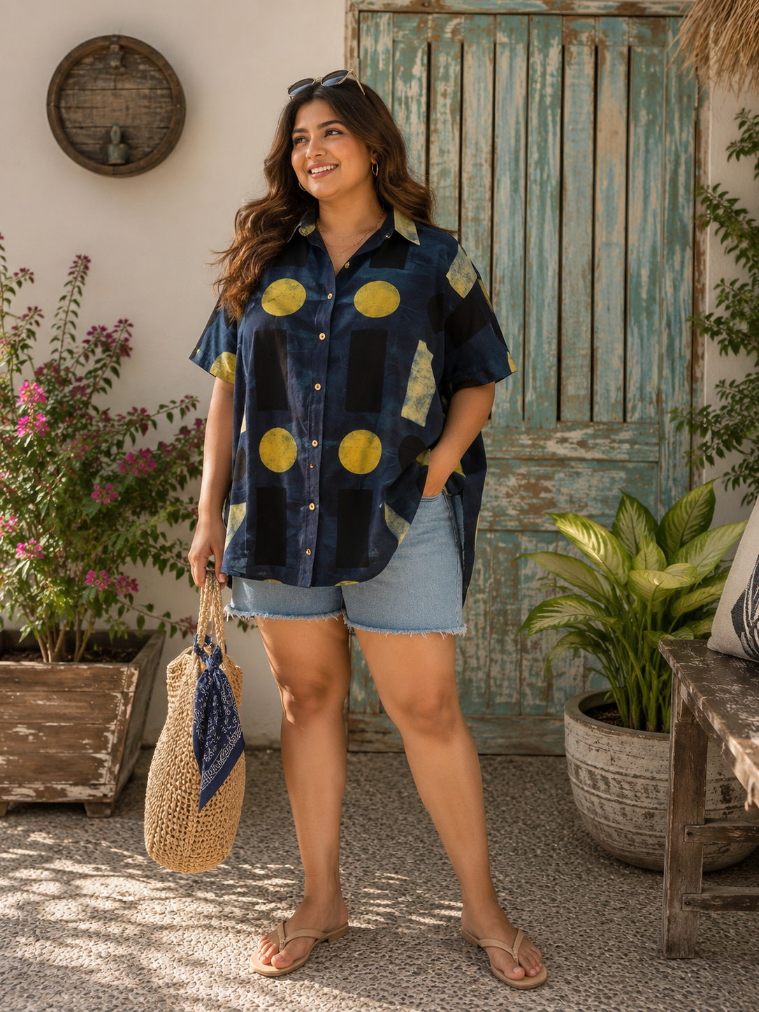 Indigo Green Geometric Cotton High Low Shirt Kaftan