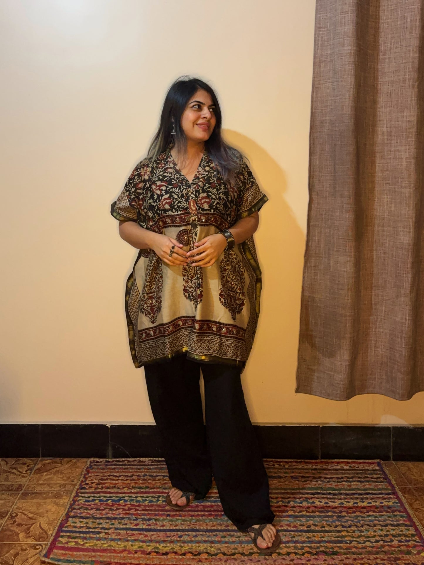 Black Kalamkari Chanderi Shirt Kaftan with Sequin Detailing