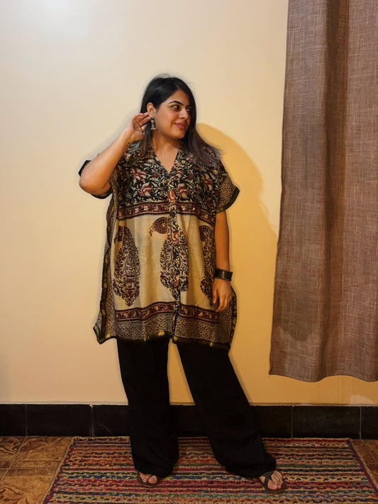 Black Kalamkari Chanderi Shirt Kaftan with Sequin Detailing