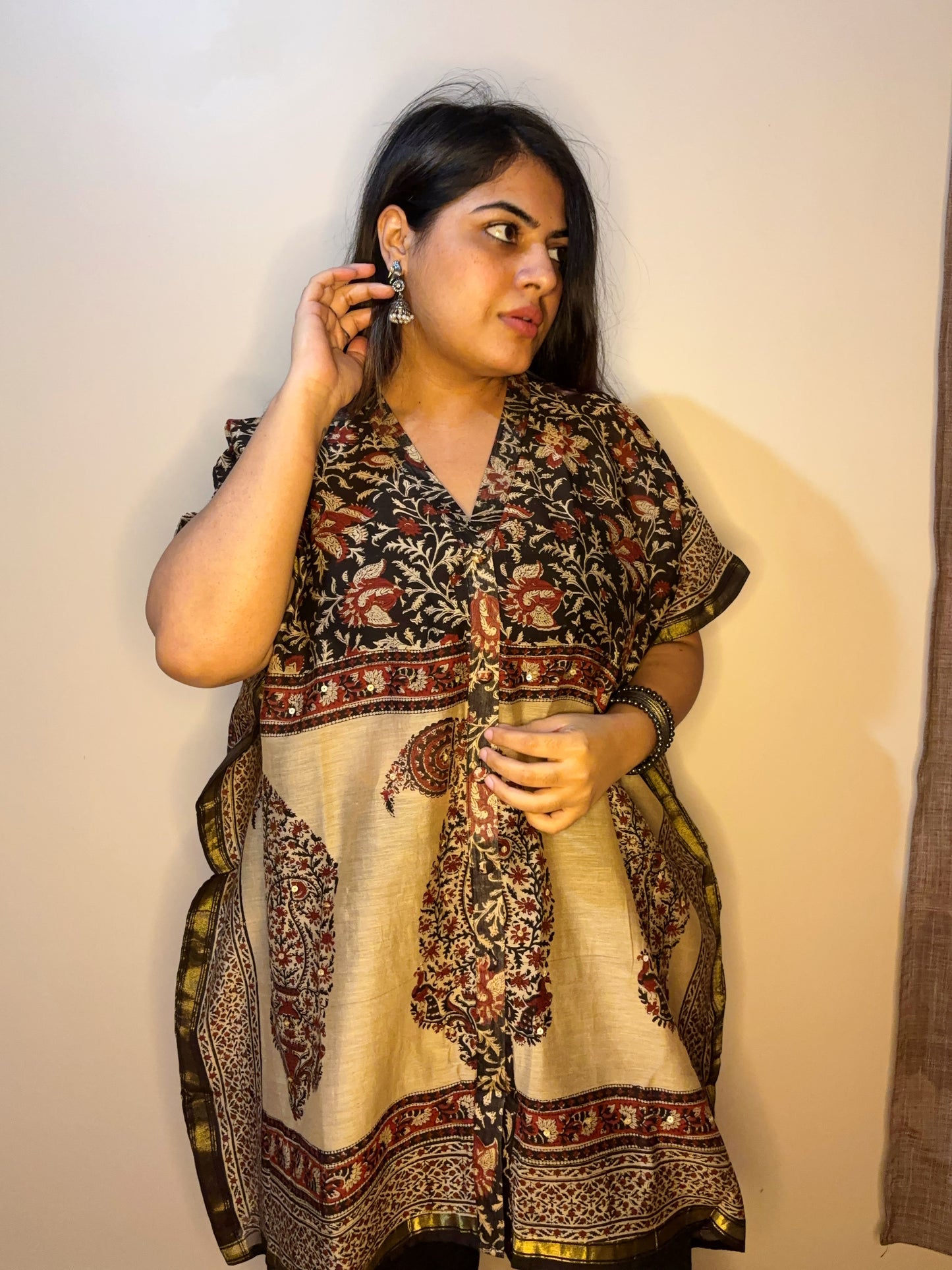 Black Kalamkari Chanderi Shirt Kaftan with Sequin Detailing