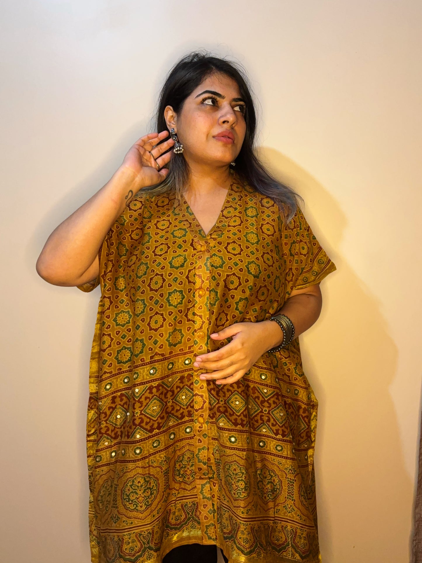 Yellow Ajrakh Chanderi Shirt Kaftan with Sequin Detailing