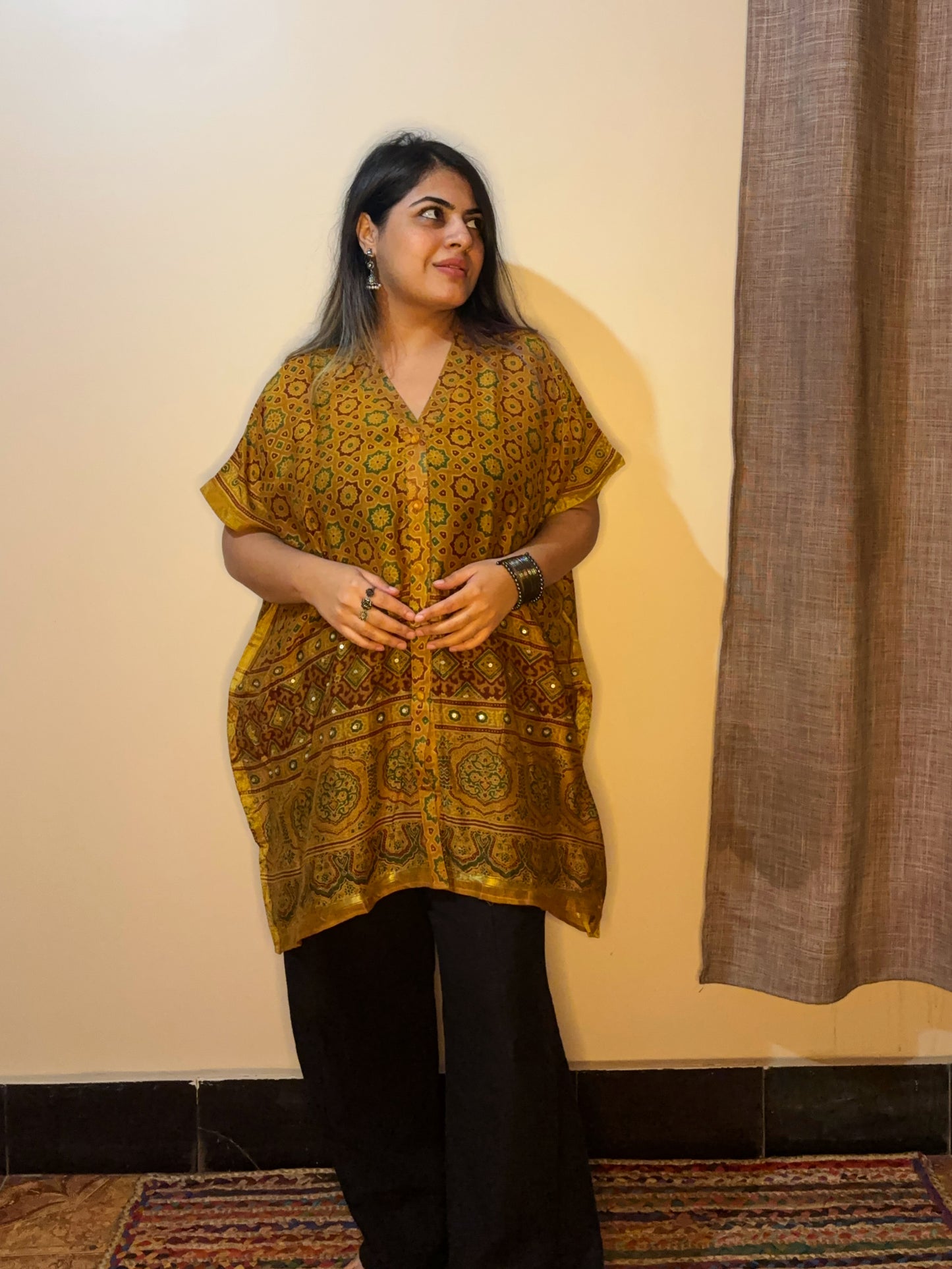 Yellow Ajrakh Chanderi Shirt Kaftan with Sequin Detailing