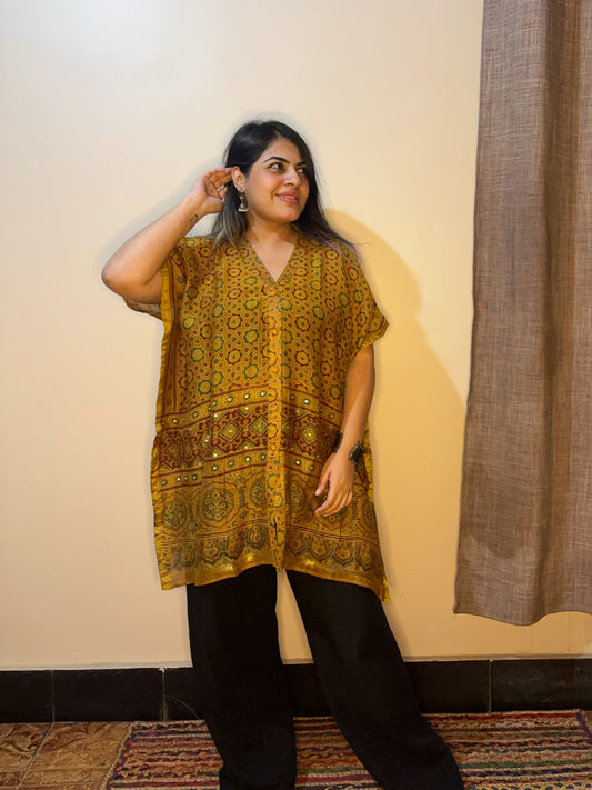 Yellow Ajrakh Chanderi Shirt Kaftan with Sequin Detailing