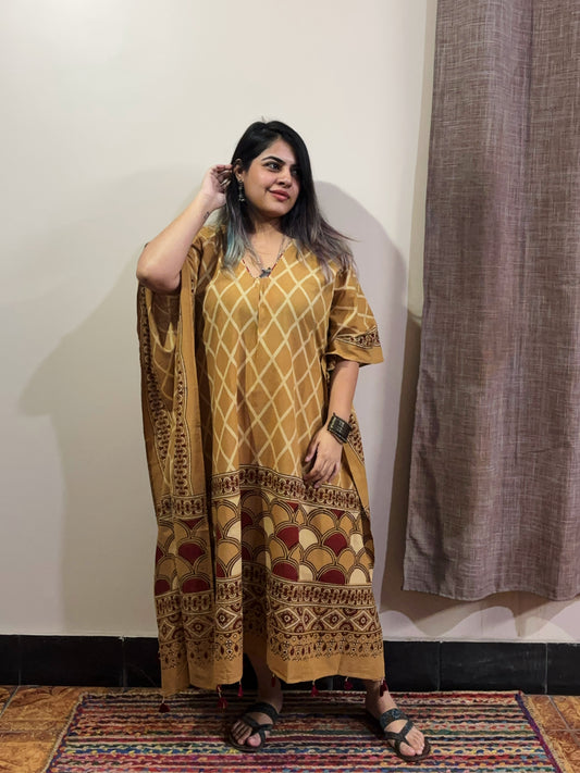 Brown Red Ajrakh Long Kaftan with Gather and Tassels