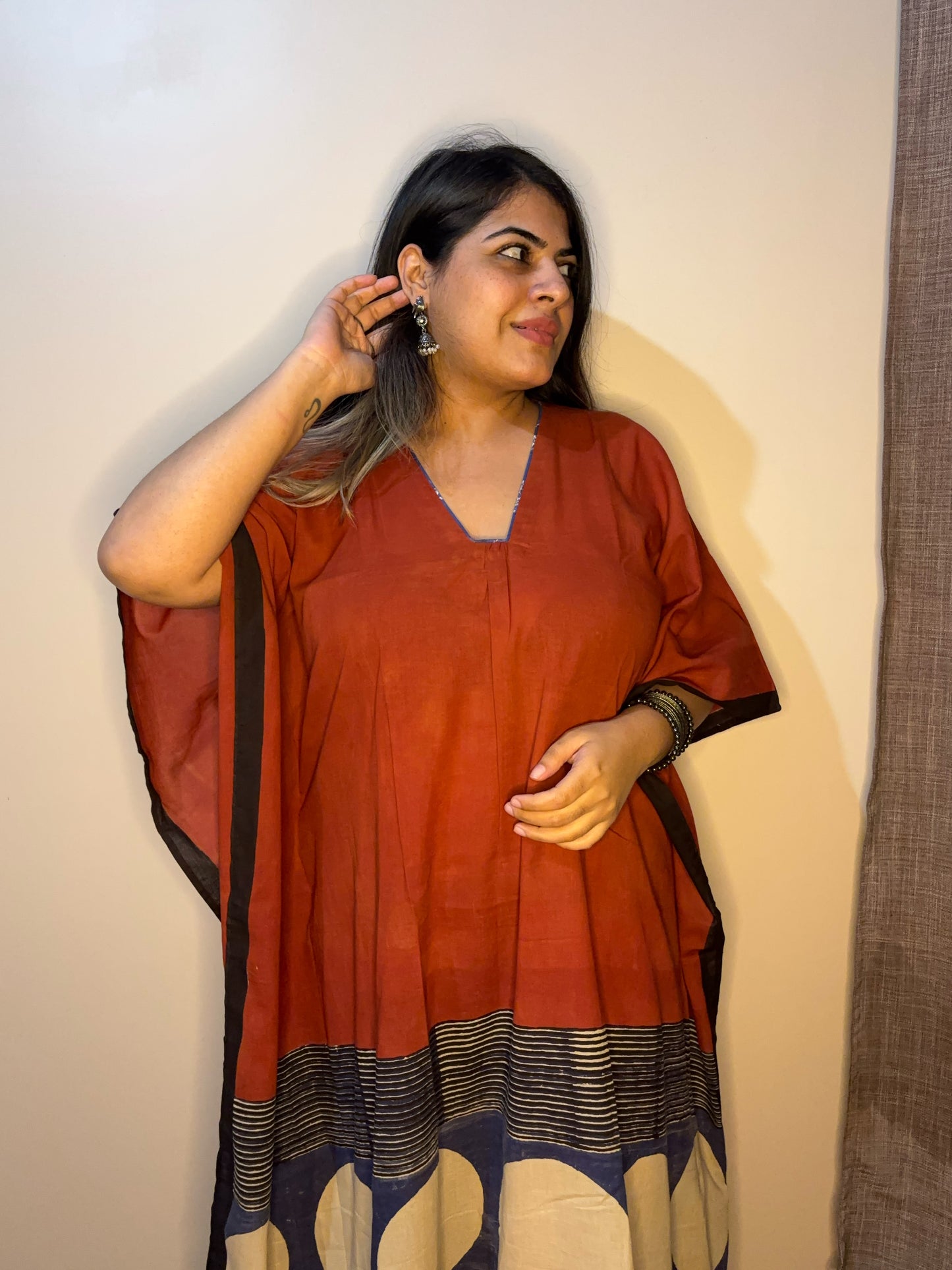 Brick Red Ajrakh Long Kaftan with Gather and Tassels