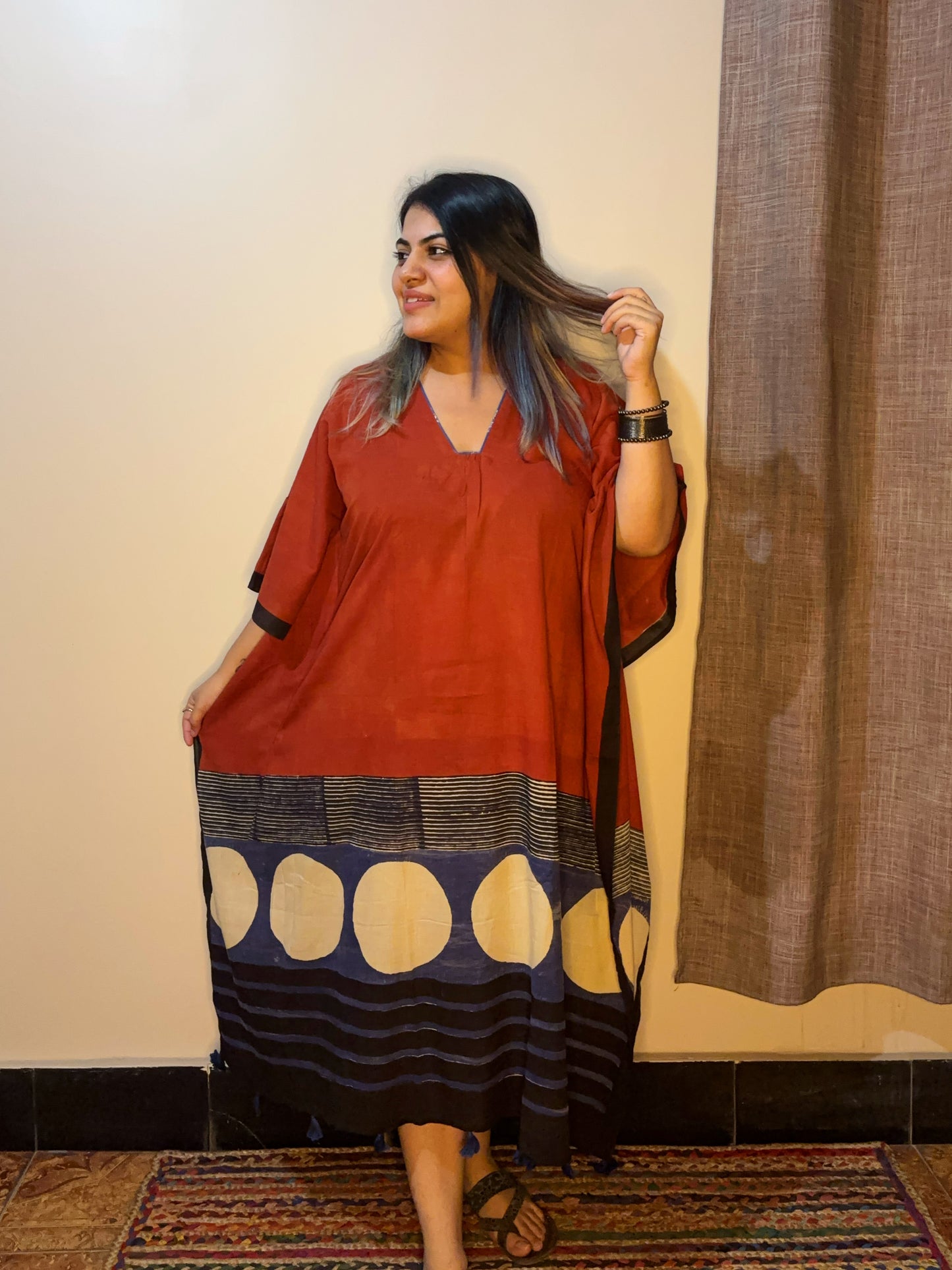 Brick Red Ajrakh Long Kaftan with Gather and Tassels