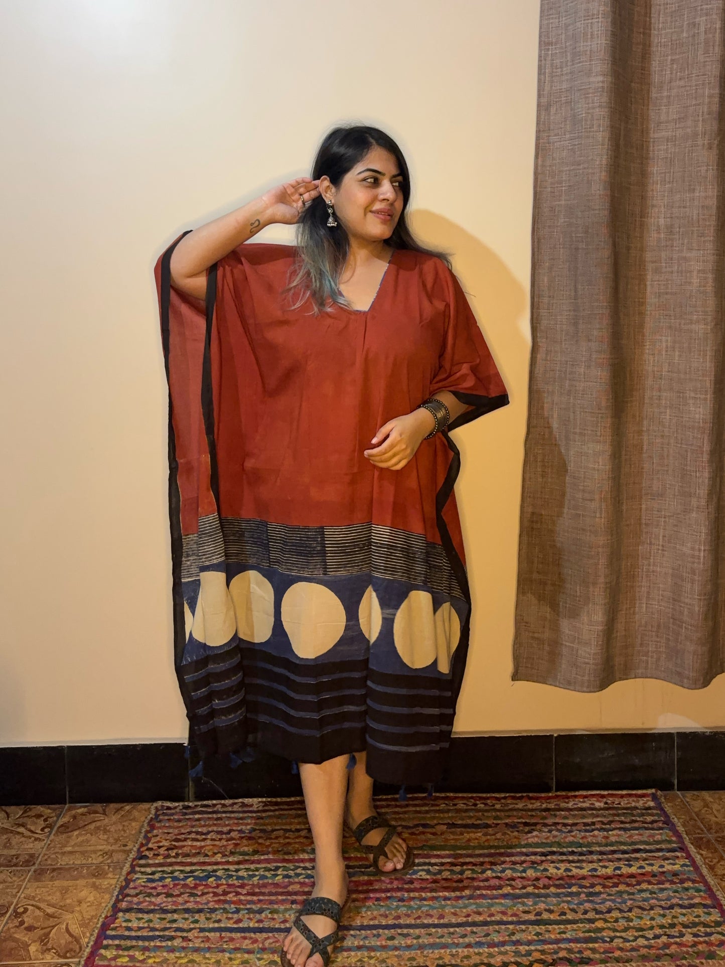 Brick Red Ajrakh Long Kaftan with Gather and Tassels