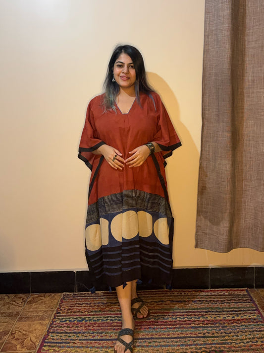 Brick Red Ajrakh Long Kaftan with Gather and Tassels