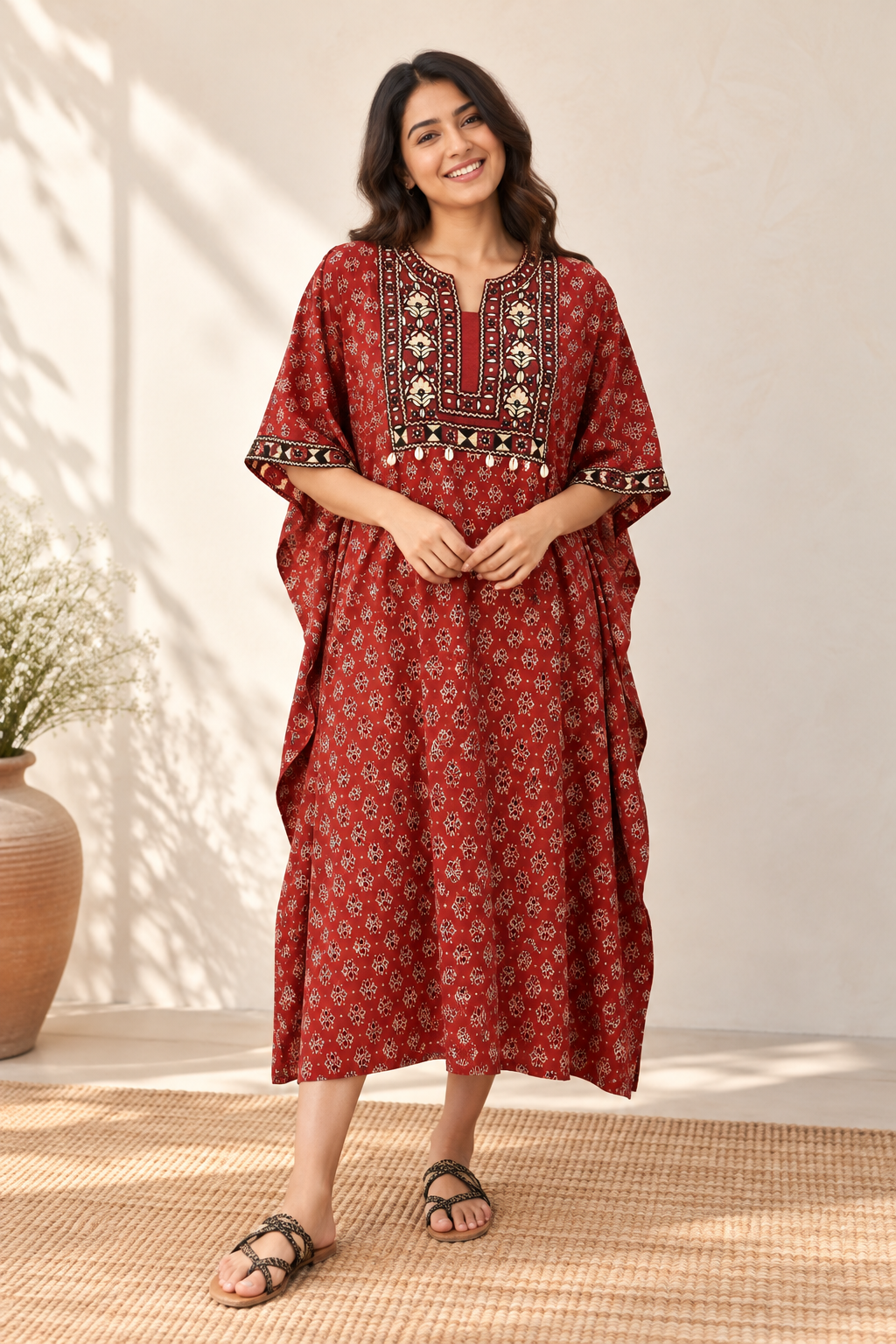 Red Ajrakh Hand Embroidered Patch Kaftan