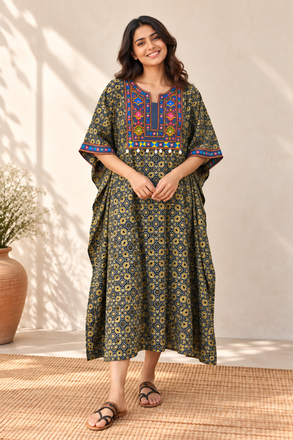 Indigo Green Ajrakh Hand Embroidered Patch Kaftan