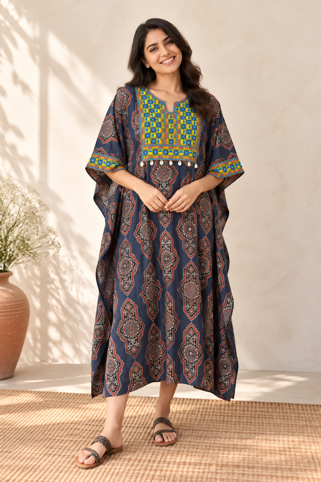 Indigo Red Ajrakh Hand Embroidered Patch Kaftan
