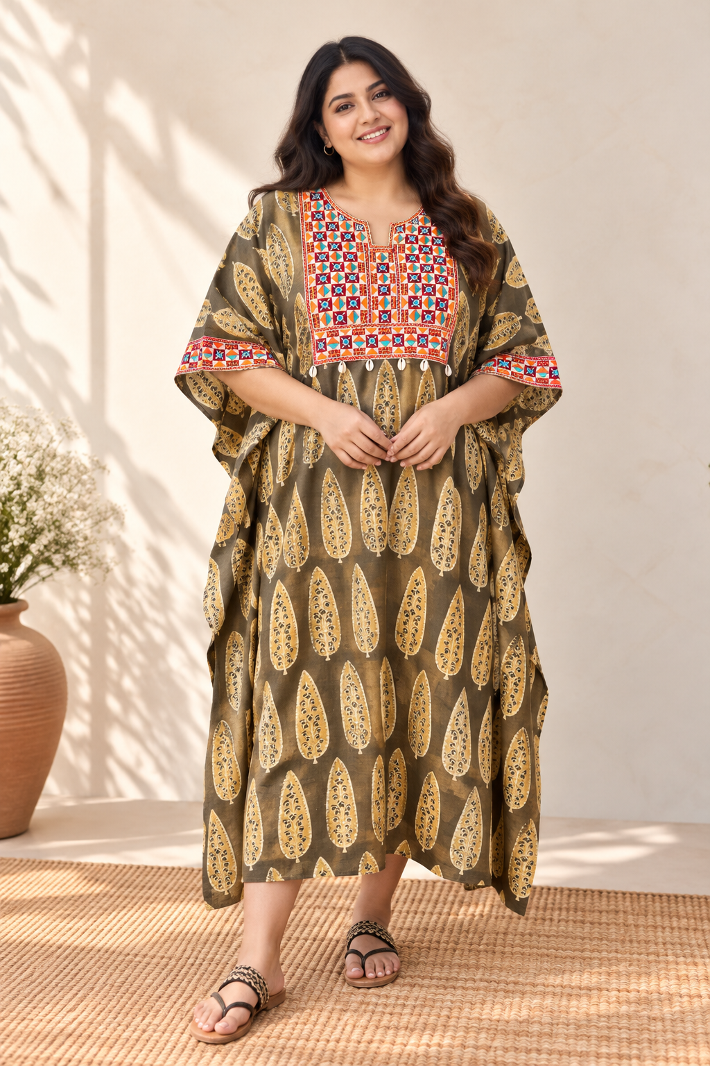 Kashish Feathers Ajrakh Hand Embroidered Patch Kaftan
