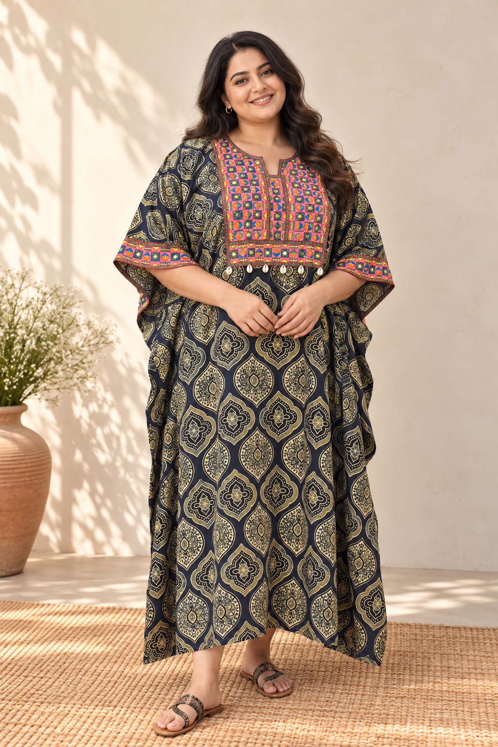 Indigo Green Ajrakh Hand Embroidered Patch Kaftan