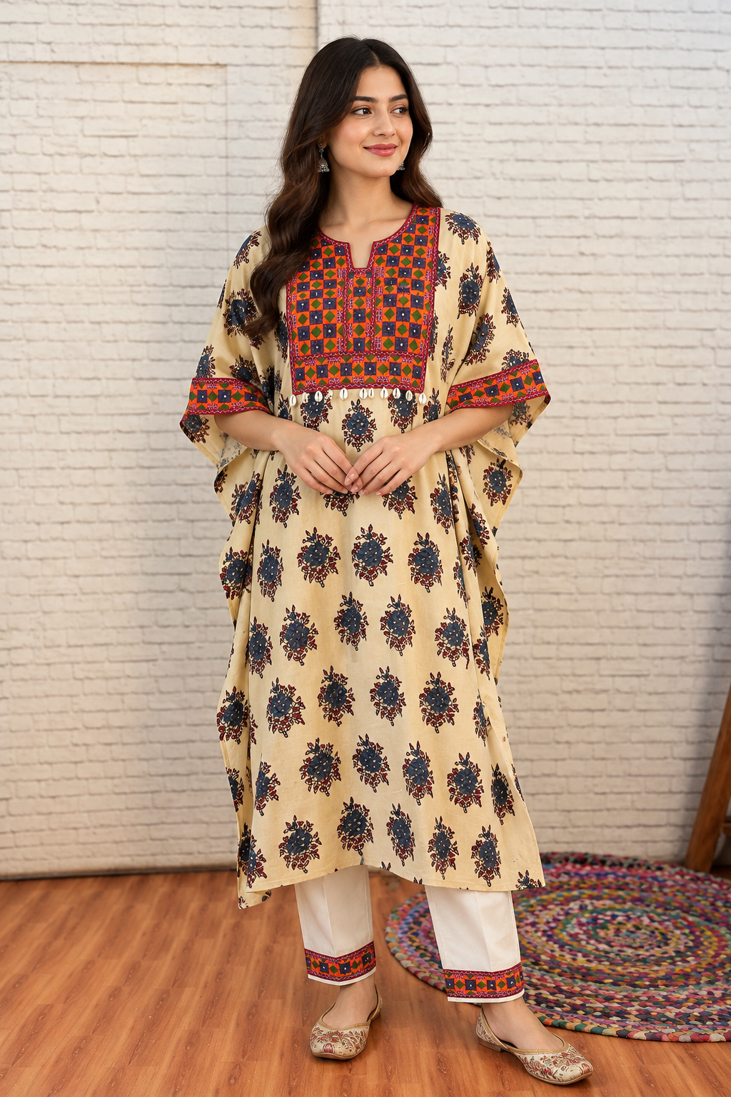 White Ajrakh Hand Embroidered Patch Kaftan