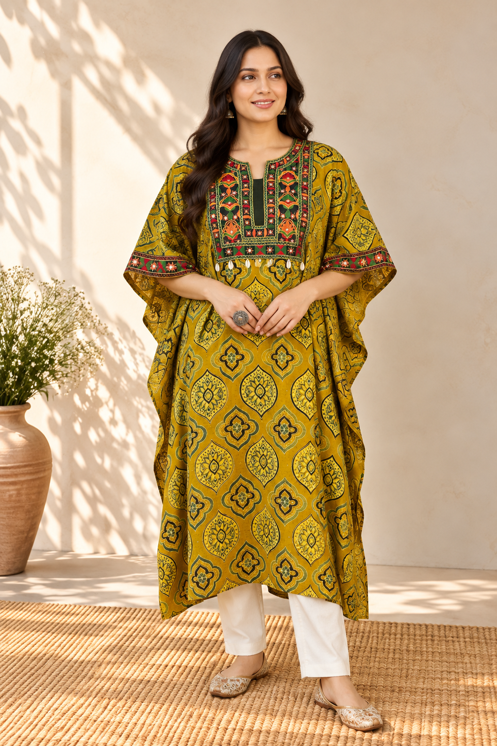 Yellow Green Ajrakh Hand Embroidered Patch Kaftan
