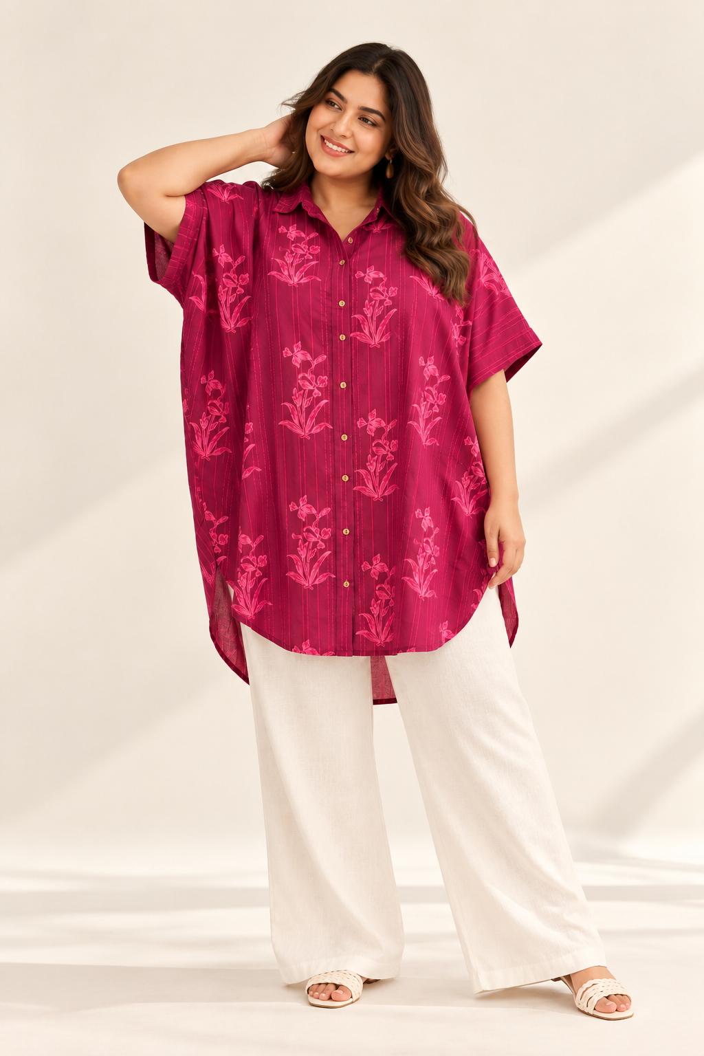 Pink Hand Block Printed Cotton High Low Shirt Kaftan