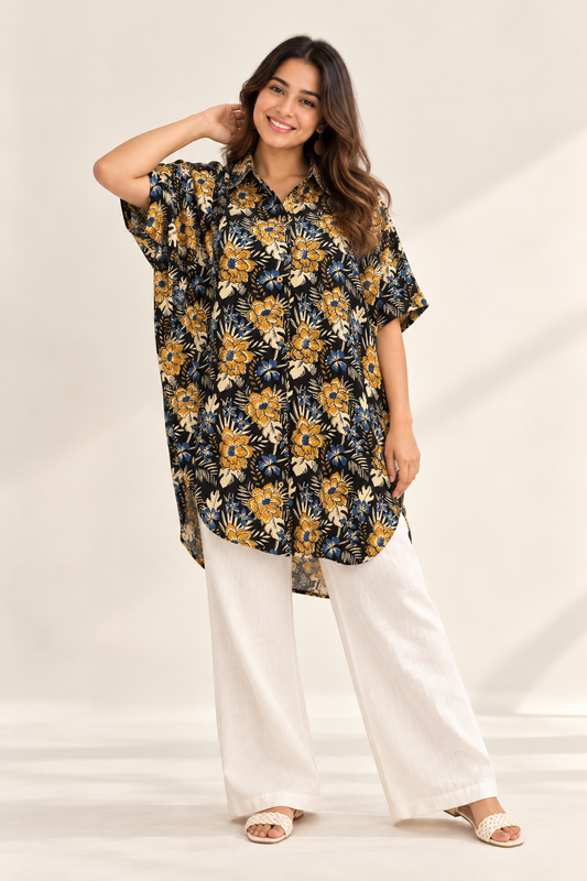 Black Brown Kalamkari Hand Block Printed Cotton High Low Shirt Kaftan