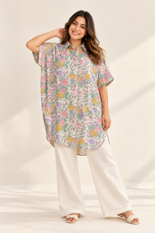 White Rose Hand Block Printed Cotton High Low Shirt Kaftan