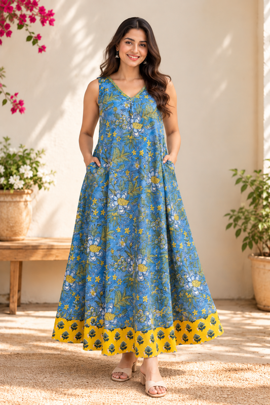 Neel Pushp Sleeveless Hand Block Printed Flared Maxi Dress