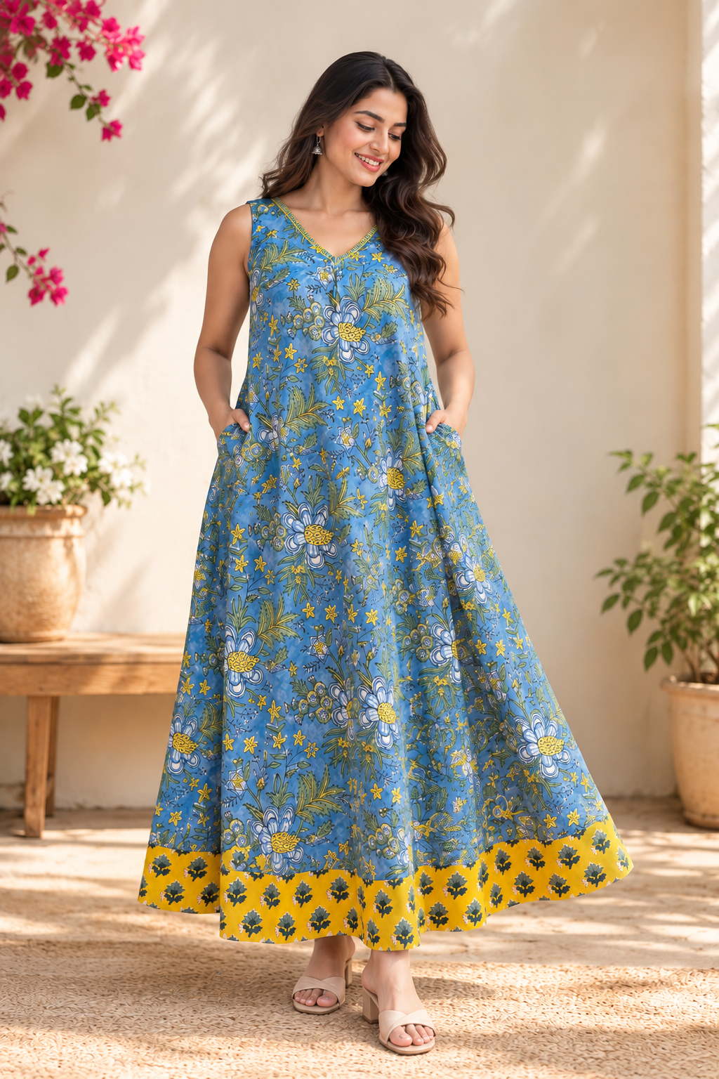 Neel Pushp Sleeveless Hand Block Printed Flared Maxi Dress