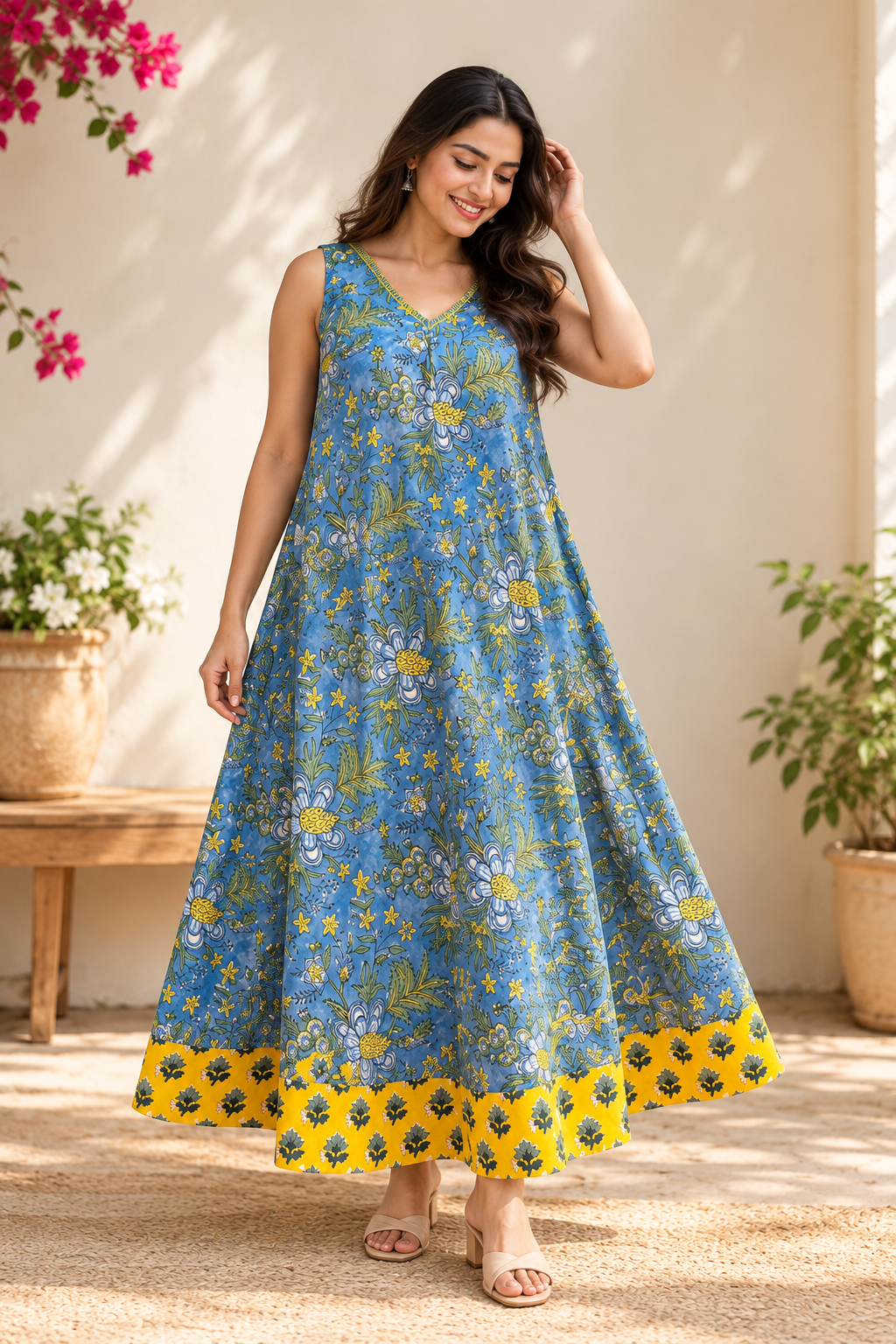 Neel Pushp Sleeveless Hand Block Printed Flared Maxi Dress