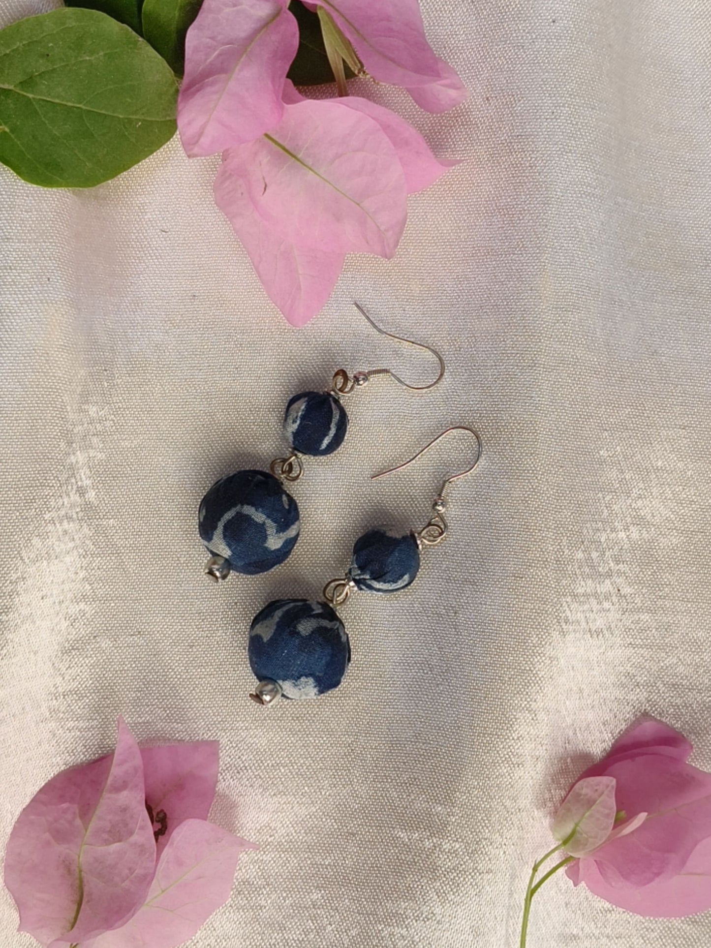 Indigo Orb Hand Block Printed Fabric Earrings