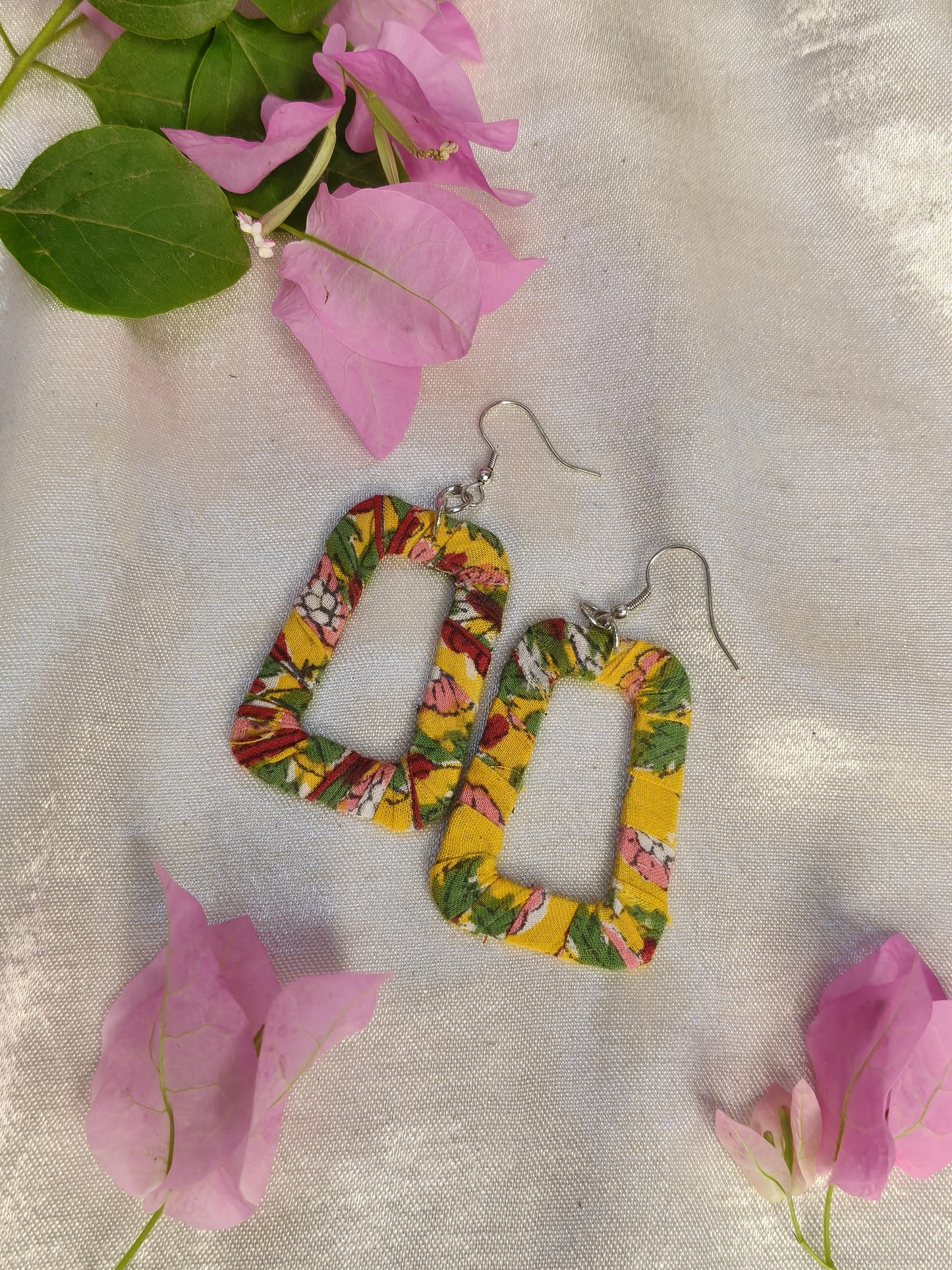 Yellow Floral Hand Block Printed Fabric Earrings
