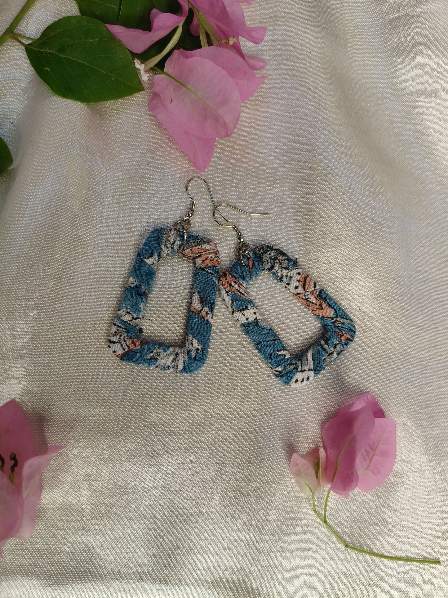 Blue Floral Hand Block Printed Fabric Earrings