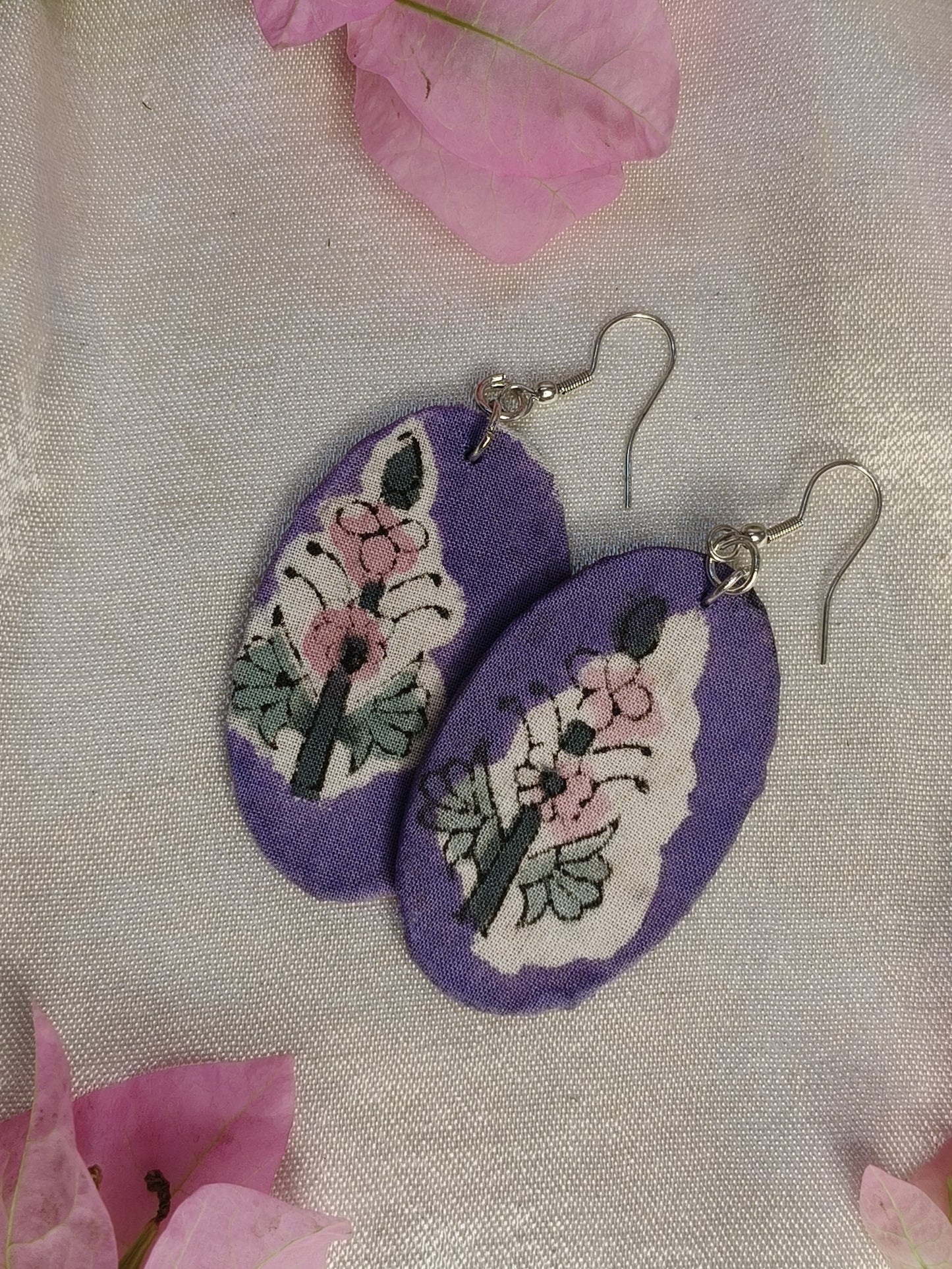 Lavender Floral Hand Block Printed Fabric Oval Earrings