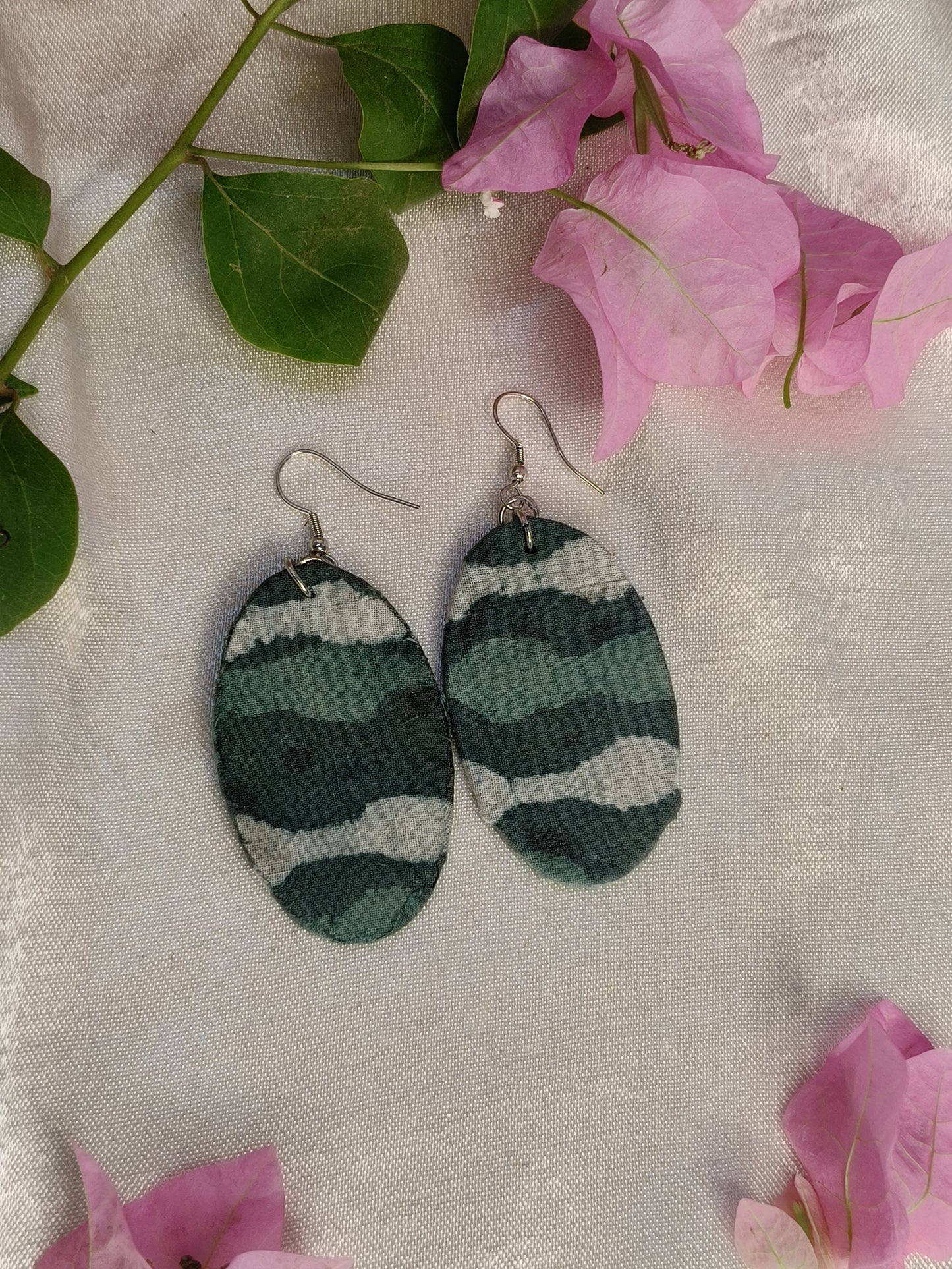 Teal Hand Block Printed Fabric Oval Earrings