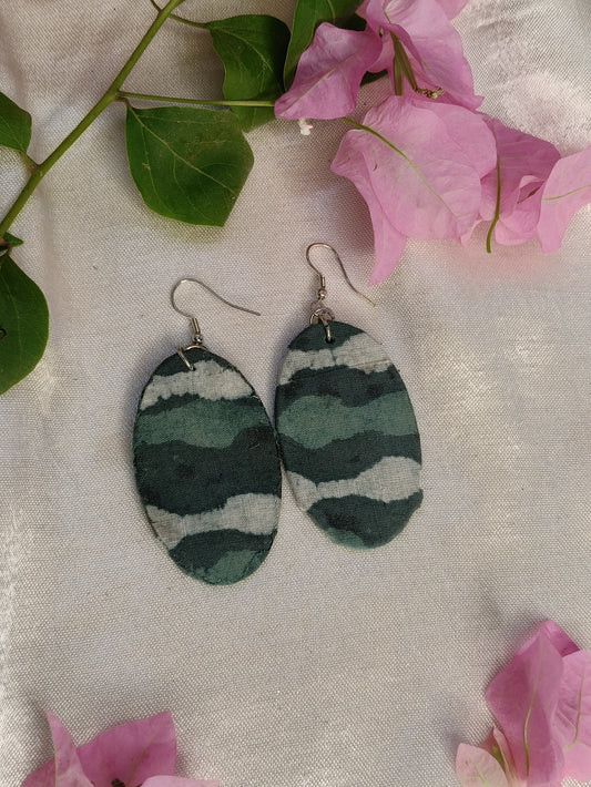 Teal Hand Block Printed Fabric Oval Earrings