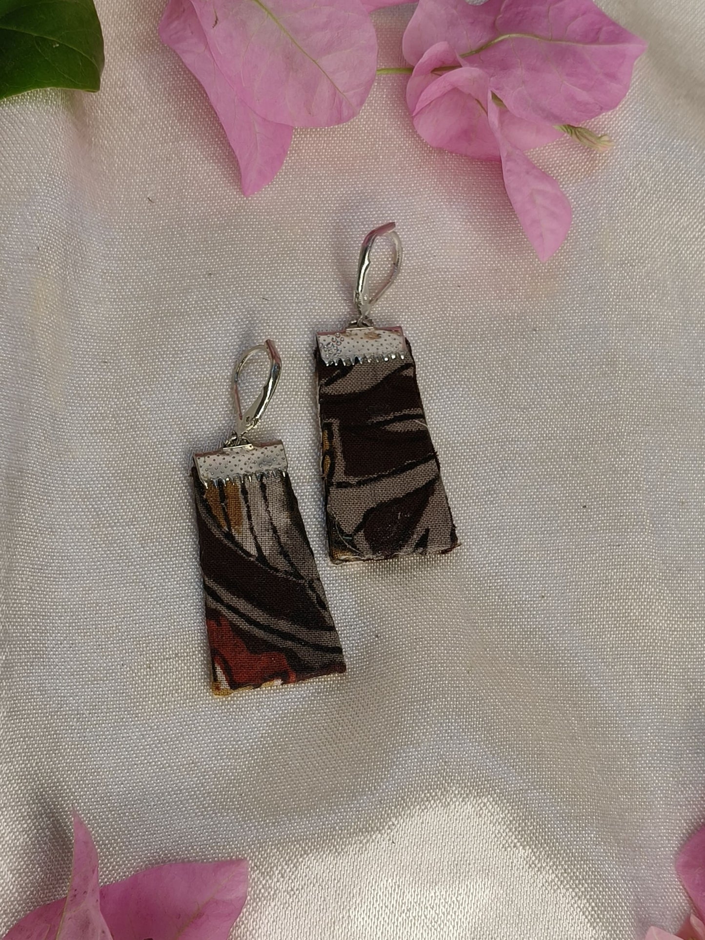 Brown Grey Mini Hand Block Printed Fabric Earrings